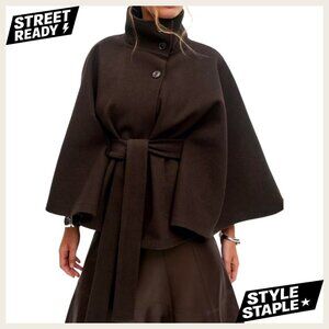 Womens Batwing Sleeve Poncho Pea Coat Stand Collar Belted Cloak Cape